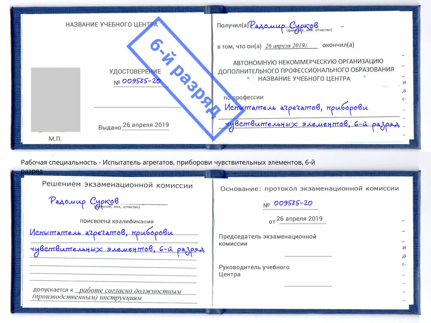 корочка 6-й разряд Испытатель агрегатов, приборови чувствительных элементов Нарткала