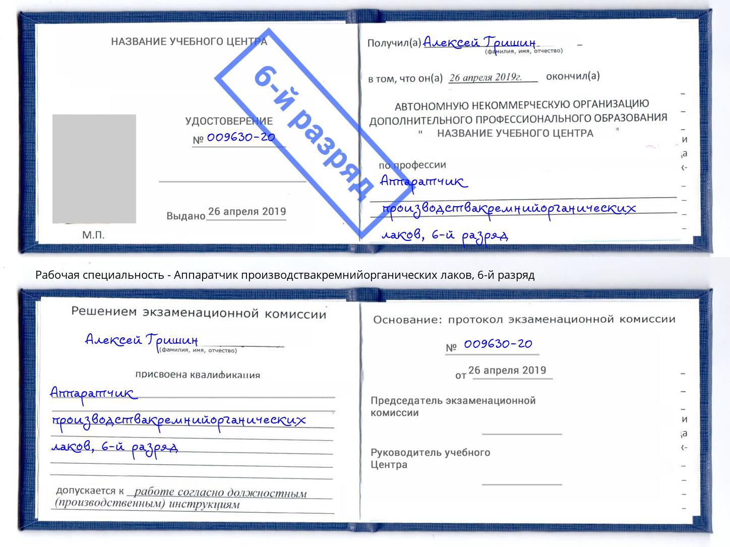 корочка 6-й разряд Аппаратчик производствакремнийорганических лаков Нарткала