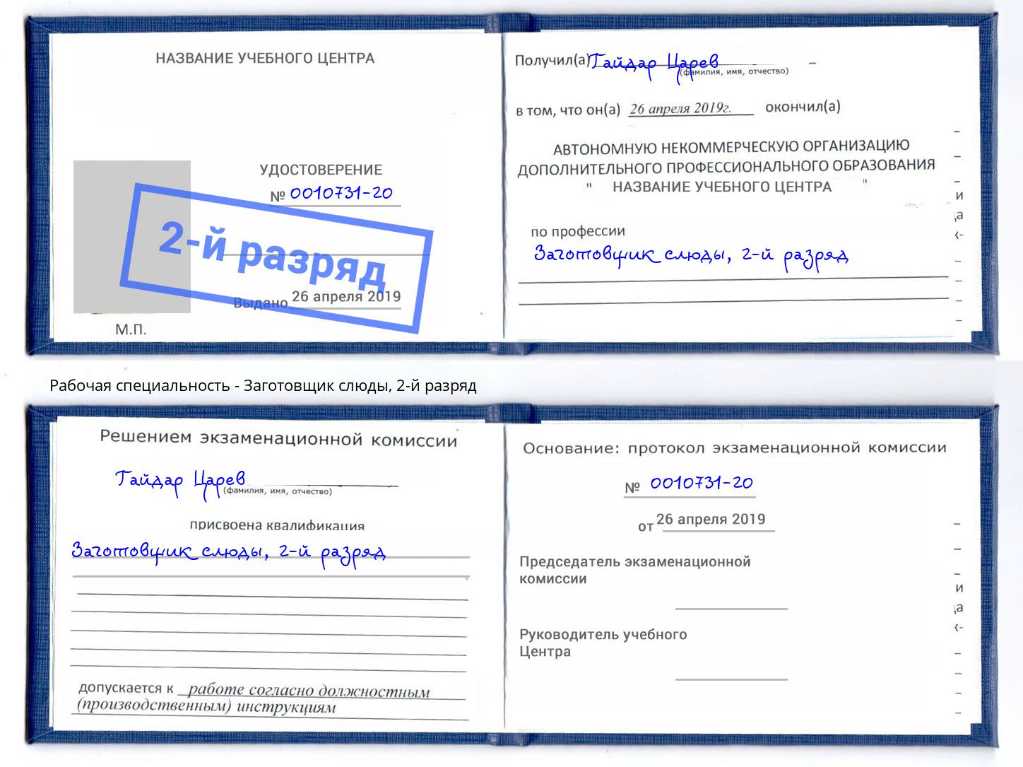 корочка 2-й разряд Заготовщик слюды Нарткала